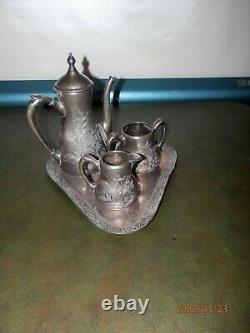 Vintage Sackett & Co. Hand Engraced Silver Plated 4 Piece Tea Set Teapot Tray 18
