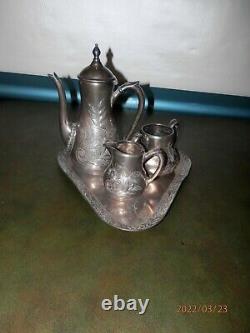 Vintage Sackett & Co. Hand Engraced Silver Plated 4 Piece Tea Set Teapot Tray 18