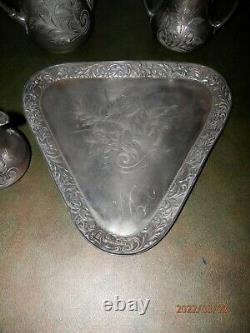 Vintage Sackett & Co. Hand Engraced Silver Plated 4 Piece Tea Set Teapot Tray 18
