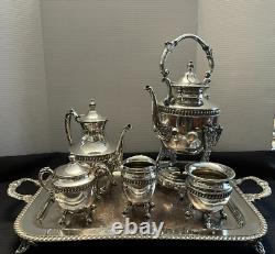 Vintage Sheridan Silverplate (5PC) Tea Set withTilt Teapot, Stand, Tray, NO Burner