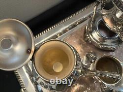 Vintage Sheridan Silverplate (5PC) Tea Set withTilt Teapot, Stand, Tray, NO Burner