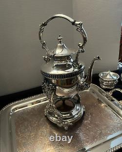 Vintage Sheridan Silverplate (5PC) Tea Set withTilt Teapot, Stand, Tray, NO Burner