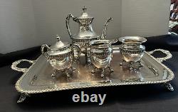 Vintage Sheridan Silverplate (5PC) Tea Set withTilt Teapot, Stand, Tray, NO Burner
