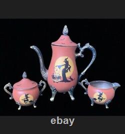 Vintage Silver Halloween Witches Tea Set-Teapot Sugar Bowl with Lid Creamer