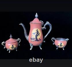 Vintage Silver Halloween Witches Tea Set-Teapot Sugar Bowl with Lid Creamer