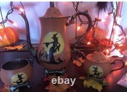 Vintage Silver Halloween Witches Tea Set-Teapot Sugar Bowl with Lid Creamer