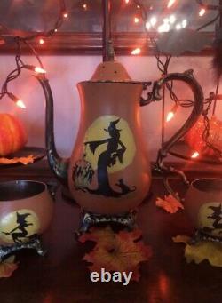 Vintage Silver Halloween Witches Tea Set-Teapot Sugar Bowl with Lid Creamer