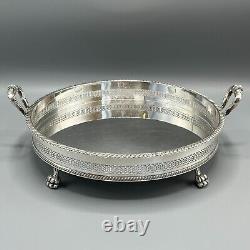 Vintage Silver Plate Round Gallery Serving Drinks Tray Lion Paw Feet Handles Tea