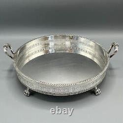 Vintage Silver Plate Round Gallery Serving Drinks Tray Lion Paw Feet Handles Tea