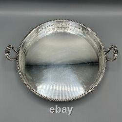 Vintage Silver Plate Round Gallery Serving Drinks Tray Lion Paw Feet Handles Tea
