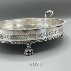 Vintage Silver Plate Round Gallery Serving Drinks Tray Lion Paw Feet Handles Tea