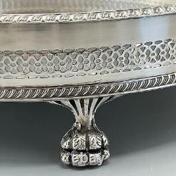 Vintage Silver Plate Round Gallery Serving Drinks Tray Lion Paw Feet Handles Tea