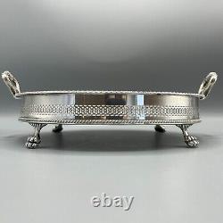 Vintage Silver Plate Round Gallery Serving Drinks Tray Lion Paw Feet Handles Tea