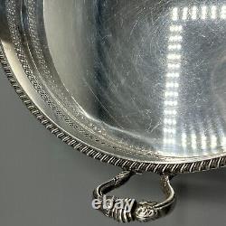 Vintage Silver Plate Round Gallery Serving Drinks Tray Lion Paw Feet Handles Tea
