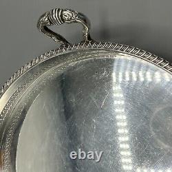 Vintage Silver Plate Round Gallery Serving Drinks Tray Lion Paw Feet Handles Tea