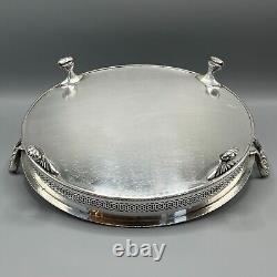 Vintage Silver Plate Round Gallery Serving Drinks Tray Lion Paw Feet Handles Tea