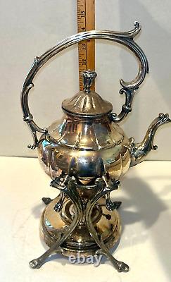 Vintage Silver Plate Teapot on Tilting Stand with Burner Victorian 14 Patina