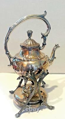 Vintage Silver Plate Teapot on Tilting Stand with Burner Victorian 14 Patina