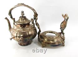 Vintage Silver Plated Elegant Tilting Tea Kettle Pot With Warming Stand 2 pcs READ