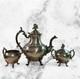 Vintage Silver Plated Footed Tea Pot Creamer Lidded Sugar Bowl Set Ornate Handle