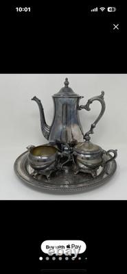 Vintage Silver Plated Footed Tea Set With Tray Teapot Creamer Sugar With Lid