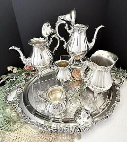 Vintage Silver Plated Wallace Baroque Tea Set Coffee Service Serving Tray Footed