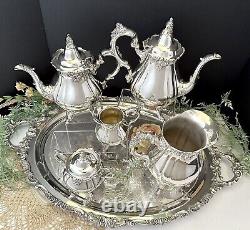 Vintage Silver Plated Wallace Baroque Tea Set Coffee Service Serving Tray Footed