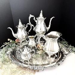 Vintage Silver Plated Wallace Baroque Tea Set Coffee Service Serving Tray Footed