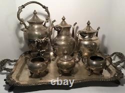 Vintage Silver on Copper Tea Service, Tray, 3 Pots, 3 Condiment Bowls, 7 Pc Set