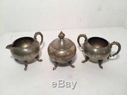 Vintage Silver on Copper Tea Service Tray 3 Pots 3 Condiment Bowls, 7 Piece Set