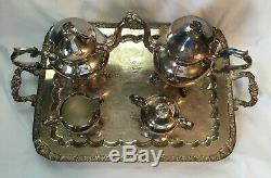 Vintage Silverplate B. S. G. Silver on Copper 5 Pc Coffee Tea Set with Large Tray