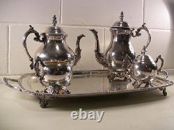 Vintage Silverplate Tea Set Coffee Service Serving Tray Tea Pot Cream Sugar Bowl