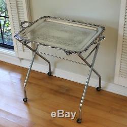 Vintage Silverplate Tray Table Wine Dining Kitchen Tea Party Cart Mini Bar