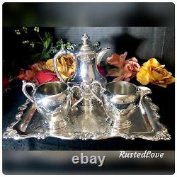 Vintage Tea Set Silver Plated Etched Floral Tray Victorian Plate 4 Pieces