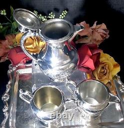 Vintage Tea Set Silver Plated Etched Floral Tray Victorian Plate 4 Pieces