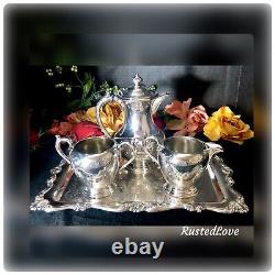 Vintage Tea Set Silver Plated Etched Floral Tray Victorian Plate 4 Pieces