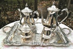 Vintage WM Rogers Silver Plate Tea Coffee Pot Set 5pc Large Tray Gorgeous