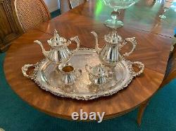 Vintage Wallace Baroque Silverplate Coffee Tea Cream Sugar Tray Serving Set