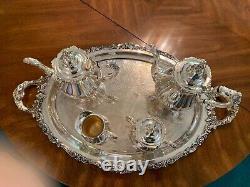 Vintage Wallace Baroque Silverplate Coffee Tea Cream Sugar Tray Serving Set