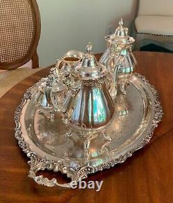 Vintage Wallace Baroque Silverplate Coffee Tea Cream Sugar Tray Serving Set