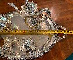 Vintage Wallace Baroque Silverplate Coffee Tea Cream Sugar Tray Serving Set
