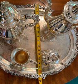 Vintage Wallace Baroque Silverplate Coffee Tea Cream Sugar Tray Serving Set