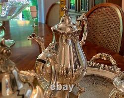 Vintage Wallace Baroque Silverplate Coffee Tea Cream Sugar Tray Serving Set