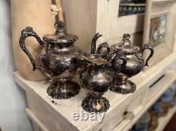 Vintage or Antique EGW & S Hand Chased Victorian Silver Plate Tea Set Ornate