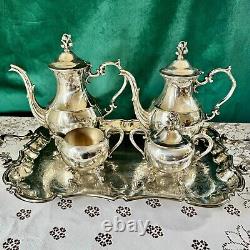 Vtg English Silver MFG Corp Footed Tea & Coffee Plated 5 Piece Set With Tray