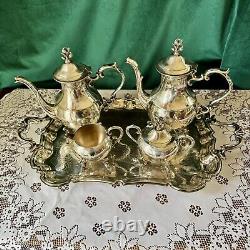 Vtg English Silver MFG Corp Footed Tea & Coffee Plated 5 Piece Set With Tray