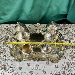 Vtg English Silver MFG Corp Footed Tea & Coffee Plated 5 Piece Set With Tray
