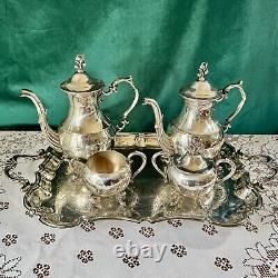 Vtg English Silver MFG Corp Footed Tea & Coffee Plated 5 Piece Set With Tray