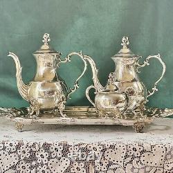 Vtg English Silver MFG Corp Footed Tea & Coffee Plated 5 Piece Set With Tray