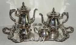 Vtg Leonard Silver Plate 5 Piece Coffee/Tea Set, Creamer, Sugar withFooted Tray